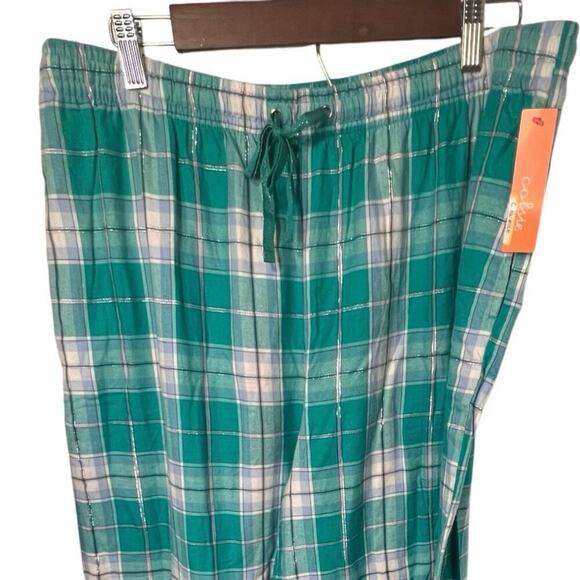 Cloise, XL green plaid metallic Flannel drawstring wide leg pocket pajama bottom - Picture 3 of 8